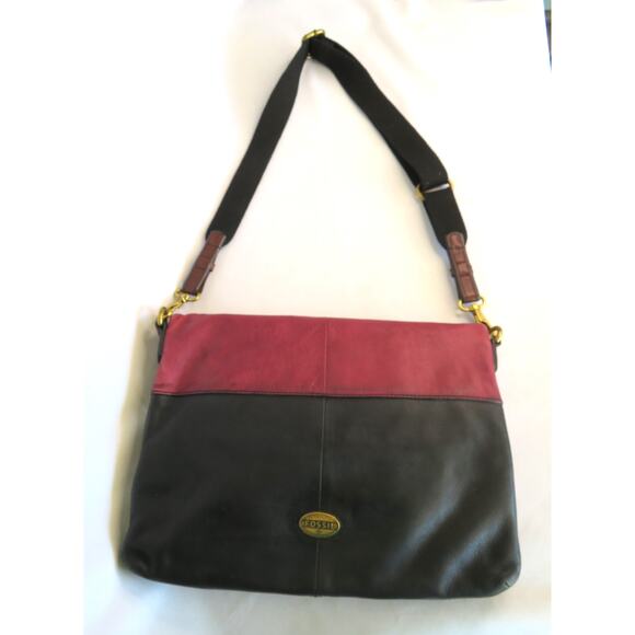 FOSSIL Explorer Leather Tote Crossbody Shoulder Bag Black/Mauve - Picture 4 of 12